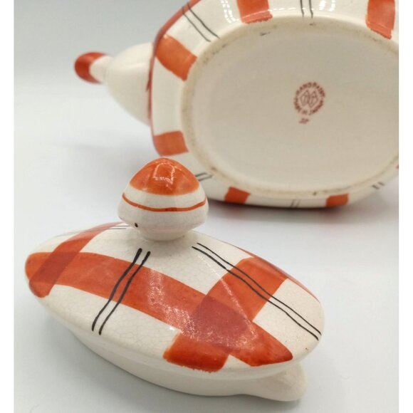 Red Plaid Teapot Vintage Takito Company Japan Hand Painted Crazed 9 Inch Serving - Picture 16 of 16